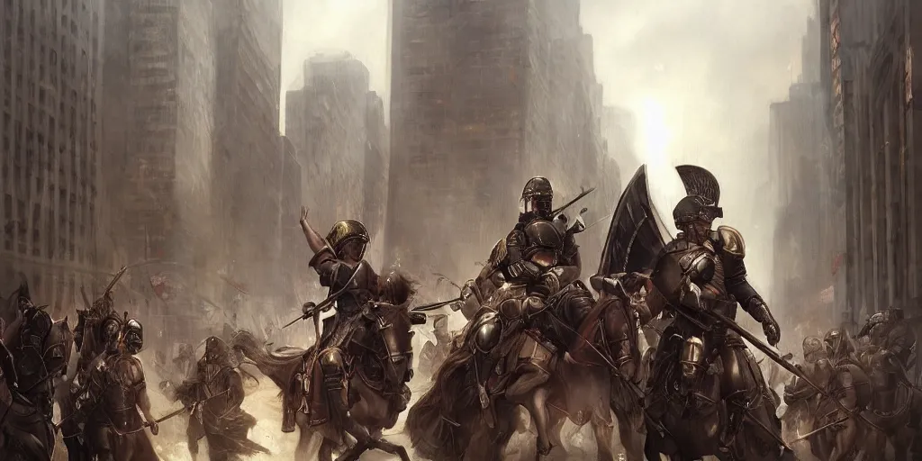 Image similar to Roman Empire legionary invading modern day New York City by Charlie Bowater and Pierre Auguste Cot