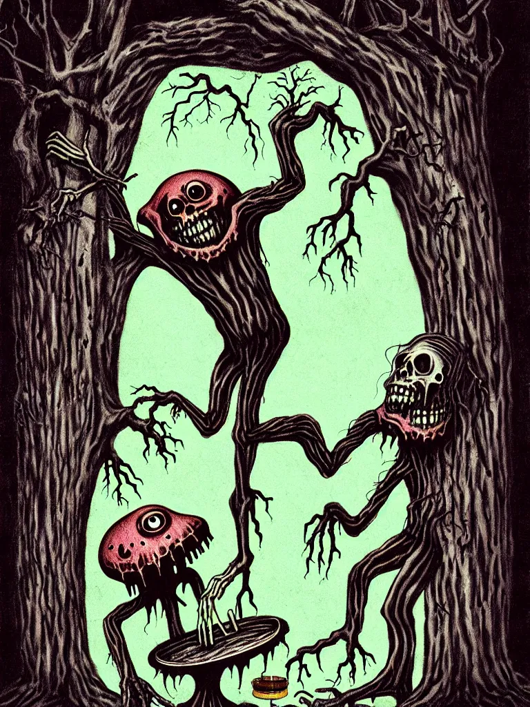 Prompt: full color vintage horror illustration of a freaky ghoul under dead trees with toilet paper streaming down, spooky lighting, pinterest