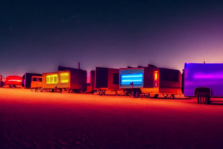 Image similar to a caravan of cyberpunk wagons moving through a star lit desert, dystopian, neon lights, dusty