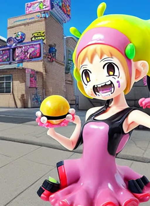 Image similar to a lifelike oil painting of an anime girl figurine caricature with a big dumb grin featured on splatoon by arthur szyk made of madballs