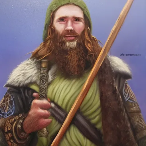 Prompt: oil painting of sean mcloughlin as an irish viking in the style of steve argyle, fantasy painting