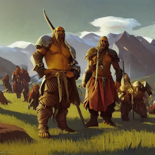 Prompt: slavic orcs in the steppe, magic the gathering artwork, orcs lord of the rings, orthodox, art by nicholas roerich and greg rutkowski