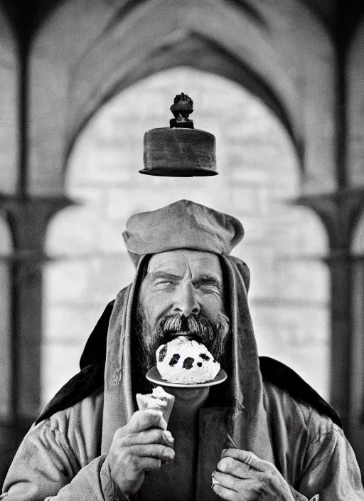 Image similar to closeup portrait of a medieval stalin eating cakes in the cloisters, depth of field, zeiss lens, detailed, symmetrical, centered, fashion photoshoot, by Annie Leibovitz and Steve McCurry, David Lazar, Jimmy Nelsson, Breathtaking, 8k resolution, extremely detailed, beautiful, establishing shot, artistic, hyperrealistic, beautiful face, octane render