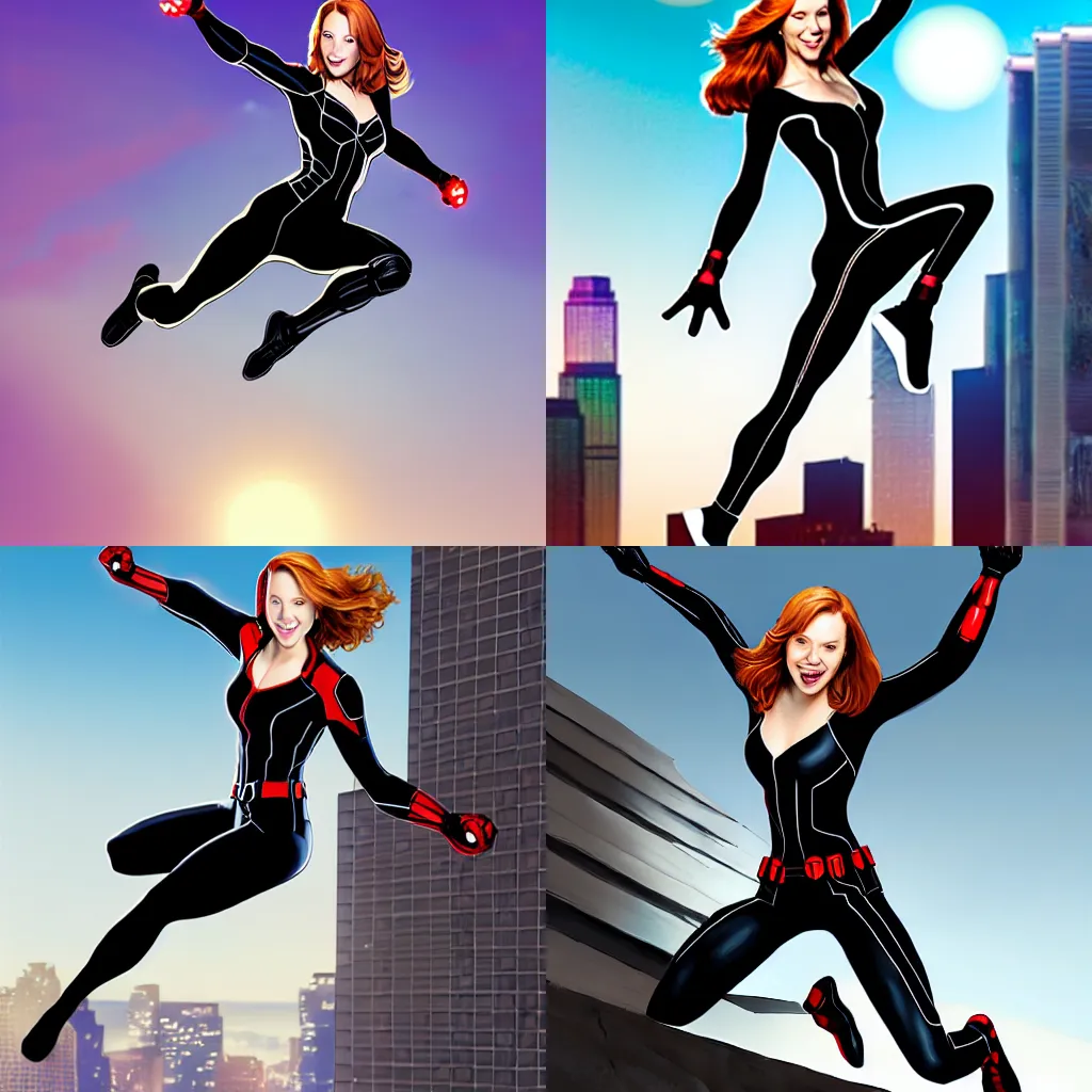 Image similar to Beautiful female Elyse Levesque as Black Widow Marvel smile and showing face:: action pose leaping in the air, acrobatic pose, exciting, fun, realistic character concept:: on rooftop of building:: comic book, illustration, slender symmetrical body, symmetrical face, full hand, full feet:: artstation, cinematic lighting, hyperdetailed, cgsociety, 8k, high resolution:: Tom Bagshaw, Joshua Middleton, Gottfried Helnwein, Rafeal Albuquerque comic:: insanely detailed and intricate