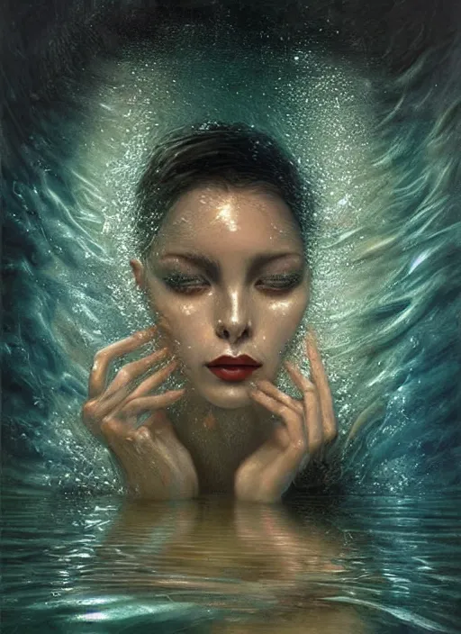 Prompt: a beautiful portrait of a woman submerged in water only face visible, bathtub, award winning photography, karol bak, rutkowski