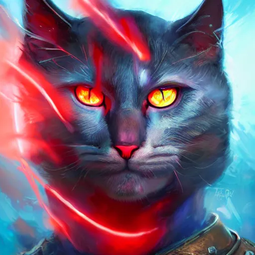 Image similar to portrait of an evil cat man as a paladin in full shining armor with huge beautiful red glowing eyes, oil painting, digital painting, intricate detail, vivid color, neon color, artwork by ross tran