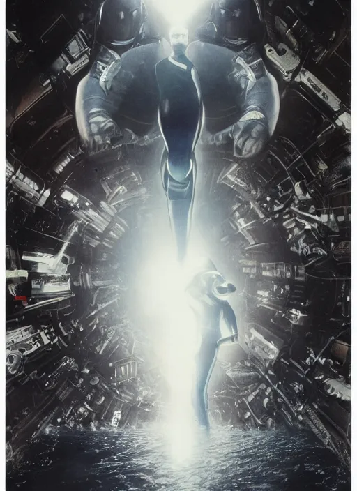 Image similar to astronauts in dark and empty void underwater - complex and hyperdetailed suit. reflection and dispersion materials. rays and dispersion of light. volumetric light. 5 0 mm, f / 3 2. noise film photo. flash photography. ultra realistic, wide angle. poster by wayne barlowe, hajime sorayama aaron horkey, craig mullins. dark key.