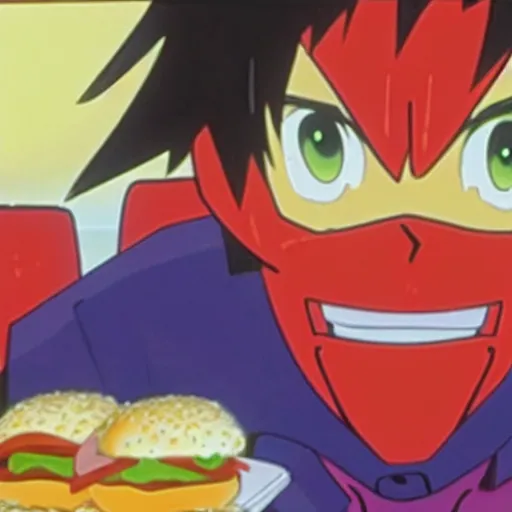 Image similar to unit one from neon genesis evangelion eating a big mac closeup 8 k