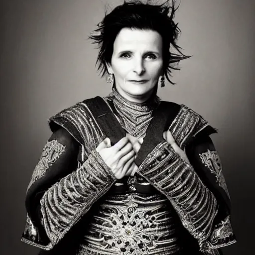 Image similar to Juliette Binoche wearing Mongolian armor, portrait, fashion photography, by Hedi Slimane