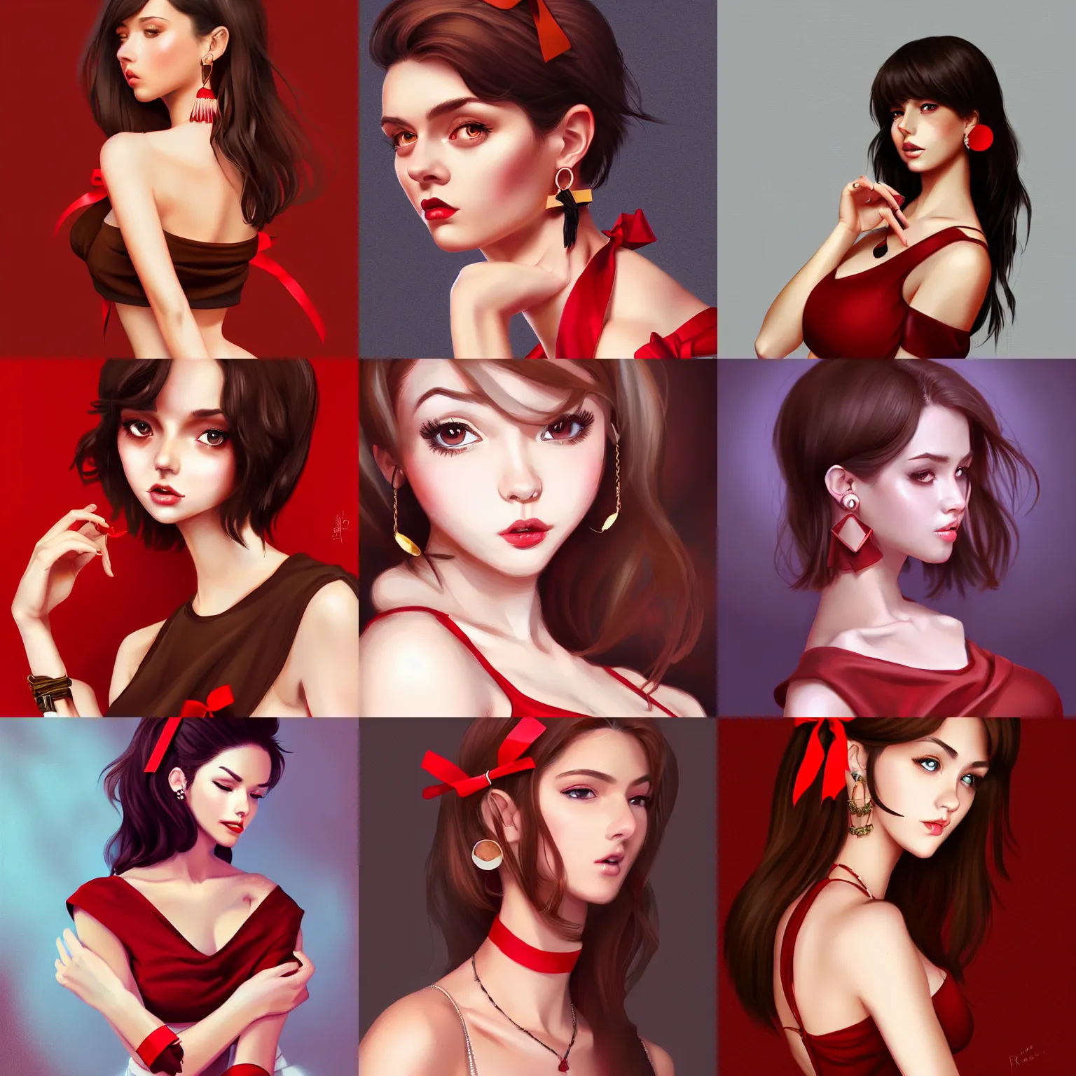 Prompt: sexy girl in a low cut blouse and short skirt, seductive pose, shoulder-length brown hair, red ribbon, cute earrings. highly detailed, digital painting, in the style of ross tran, high definition digital art