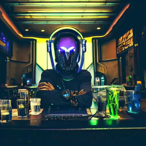 Image similar to high quality portrait of a starcraft Protoss Zealot in a cyberpunk cyberpunk cyberpunk cafe, realism, 8k, award winning photo