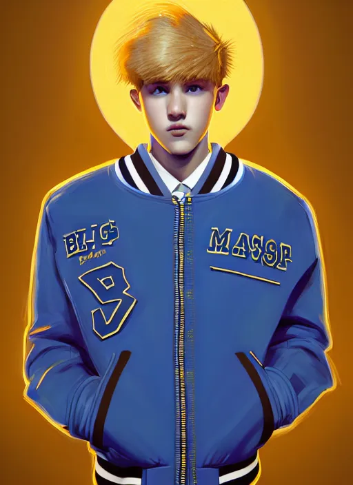 Image similar to portrait of high school senior boy named big moose, blonde short hair, jock, beefy, wide face, square jaw, square facial structure, blue varsity jacket with letter r, intricate, elegant, glowing lights, highly detailed, digital painting, artstation, concept art, sharp focus, illustration, art by wlop, mars ravelo and greg rutkowski