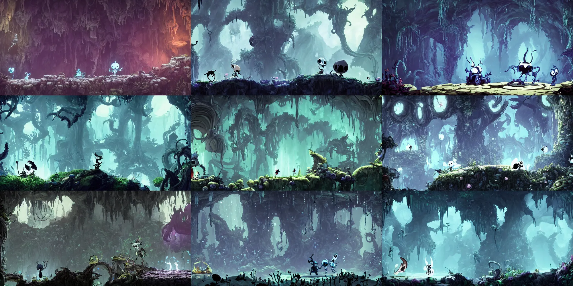 Prompt: hollow knight, ori and the will of the wisp, portraiting a platform game inside a dungeon walls full of skulls and slime, eldritch, covered in thorn bones, vine, in an ancient cavern, side scrolling, subject in middle, 4 k, futurism, studio ghibli, simon stalenhag