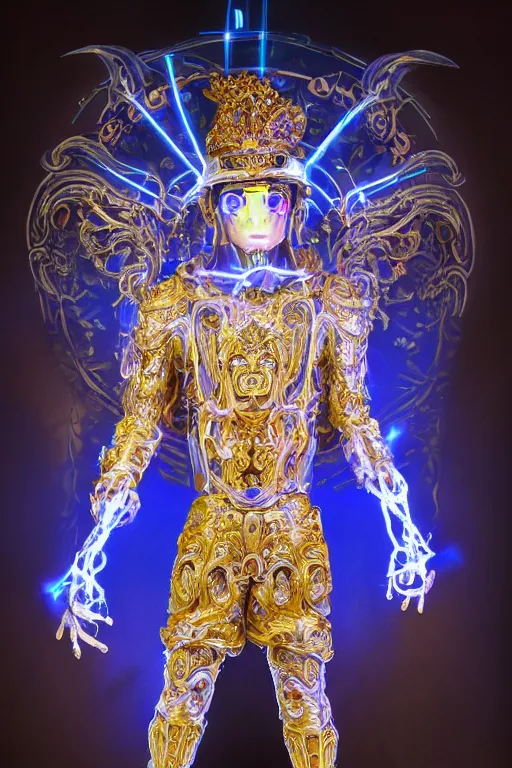 Image similar to full-body sculpture of a young handsome Colombiano prince sin camisa as a half cibernetic android with a glowing blue battery in his chest, white laser beam coming out of his eyes, crown of giant diamonds, flowing neon-colored silk, fabric, raptors, in a cyperbunk and baroque style. baroque elements. full-length view. baroque element. intricate artwork by caravaggio. many many birds birds on background. Trending on artstation, octane render, cinematic lighting from the right, hyper realism, octane render, 8k, depth of field, 3D