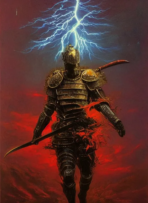 Prompt: a detailed and vibrant portrait painting inspired by beksinski of a powerful paladin wearing a full metal plate armor and holding a sword shooting lightning