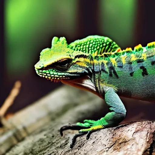 Image similar to camo wearing anthro lizard, photograph captured in the woods