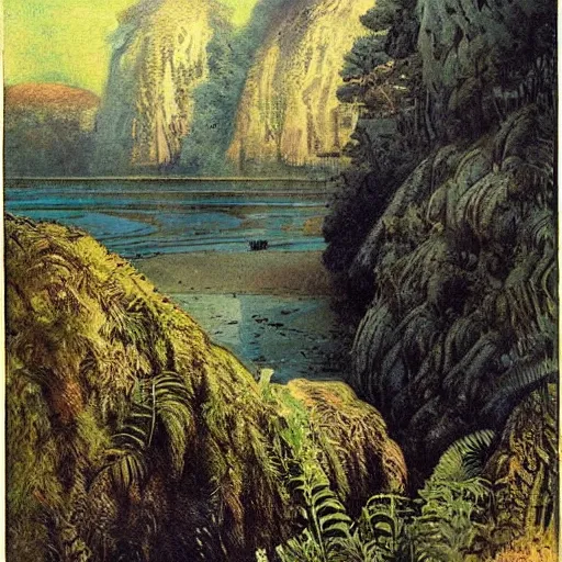 Prompt: painting of a lush natural scene on an alien planet by hans rudolp giger. beautiful landscape. weird vegetation. cliffs and water.