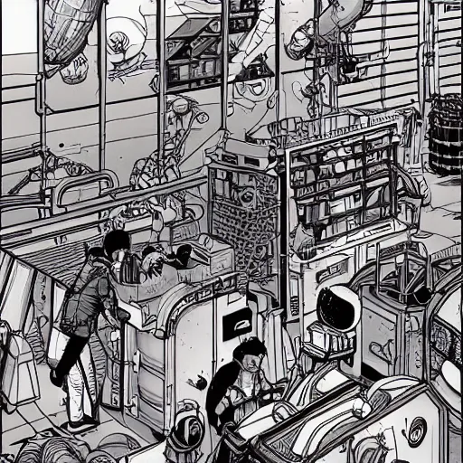 Image similar to asian space merchant in their shop, Industrial Scifi, detailed illustration, character design, by Martin Grip and Moebius