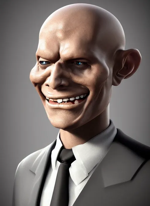 Image similar to a hyper realistic portrait of a smiling male alien in a suit for advertisement, artstation