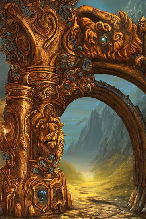 Image similar to A giant medieval fantasy energy portal gate with a rusty gold carved lion face with blue glowing eyes at the center of the gate, the portal takes you to another world, full of colorful flowers on the lost Vibes and mountains in the background, spring, delicate fog, sea breeze rises in the air, by andreas rocha and john howe, and Martin Johnson Heade, featured on artstation, featured on behance, golden ratio, ultrawide angle, f32, well composed, rule of thirds, center spotlight, low angle view
