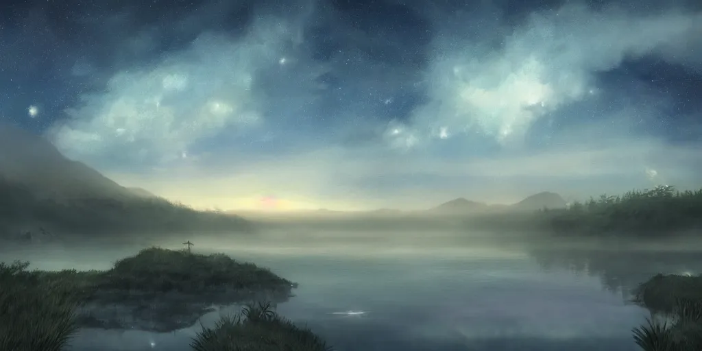 Image similar to a beautiful matte painting of a magic lake by night with fog mountains in the background and the milkyway in the sky by studio ghibli and hayao miyazaki and kazuo oga, manga, trending on artstation