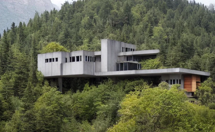 Prompt: Beautiful brutalist house on a secluded mountain with trees around