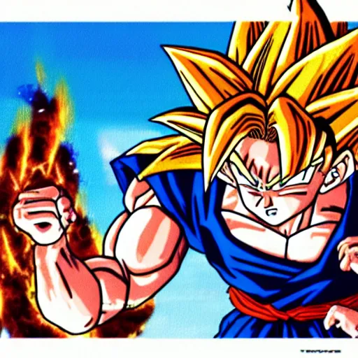 Image similar to goku powering up super saiyan 2 on toilet illustrated by akira toriyama