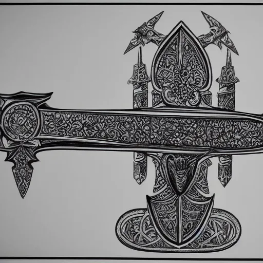 Image similar to black and white pen and ink sword design highly detailed technical drawing center page single item clear defined concept art