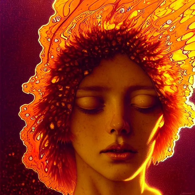 Prompt: psychedelic transcendent freckled face mind bending psychedelic wings of glossy liquid honey flowing like kaleidoscopic translucent amber, lsd feathers, honey wind, enlightenment, high contrast dappled lighting, refracted sunset, highly detailed, concept art, art by collier, albert aublet, krenz cushart, artem demura, alphonse mucha