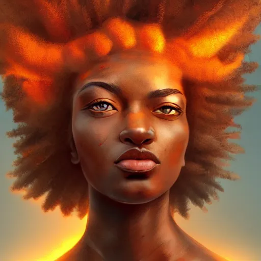 Prompt: a colossal goddess, creative, brown skin, giant, digital art, in the city, in town, highly detailed, photo manipulation, up there, fire hair, digital painting, smoke, artstation