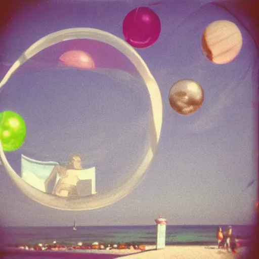 Image similar to a pastel colour high fidelity Polaroid art photo from a holiday album at a seaside with abstract inflatable parachute furniture (((((and spheres))))), all objects made of transparent iridescent Perspex and metallic silver, no people, iridescence, nostalgic