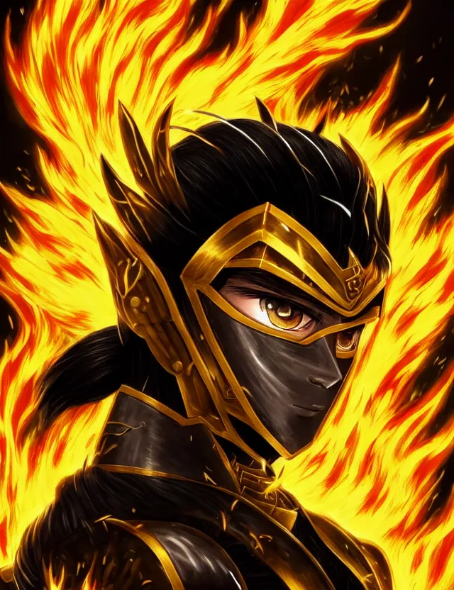 Image similar to a detailed manga portrait of a black haired man with hazel eyes in gleaming golden armour that burns with golden fire, trending on artstation, digital art, 4 k resolution, detailed, high quality, sharp focus, hq artwork, coherent, insane detail, character portrait