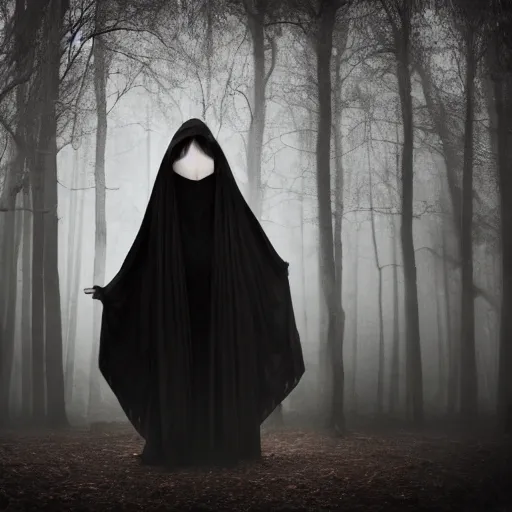 Image similar to a high detailed photo of a lady in a dark cloak suspended in mid air, seen from behind, ancient forest, mist, 35mm, photorealistic, realistic, deviantart, gloomy atmosphere, high definition