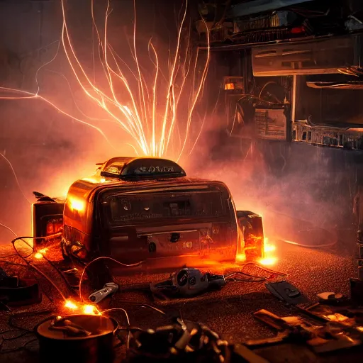 Image similar to overcharging toaster oven, tangles of metallic cables, dark messy smoke - filled cluttered workshop, dark, dramatic lighting, orange tint, sparks, plasma charges, cinematic, highly detailed, sci - fi, futuristic, movie still