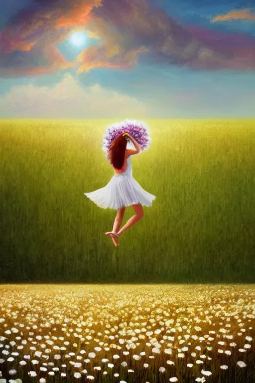 Image similar to veil of giant white daisy flower as head, girl dancing in a flower field, surreal photography, sunrise, dramatic light, impressionist painting, colorful clouds, digital painting, artstation, simon stalenhag