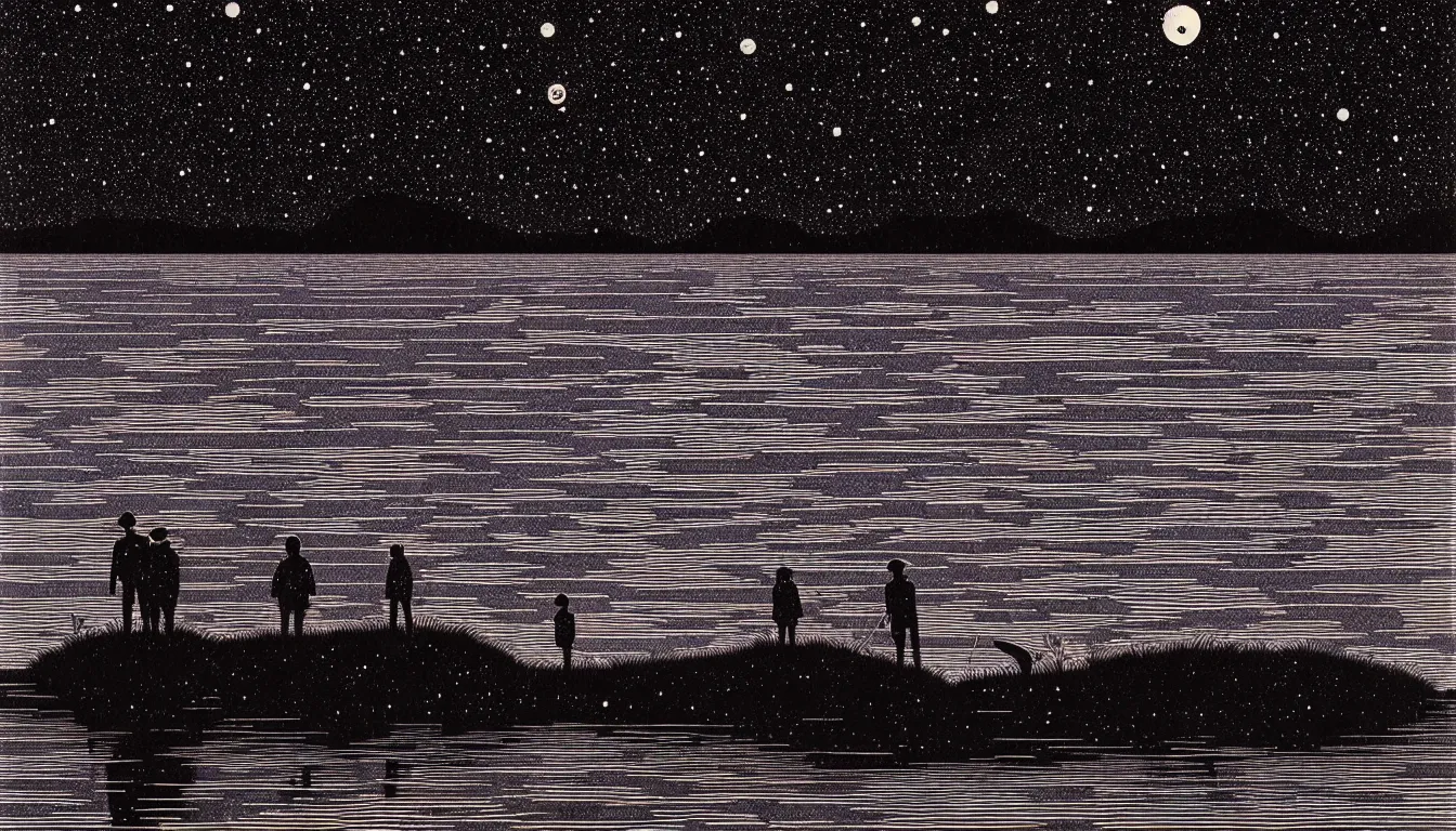 Image similar to standing in a lake looking at reflection of the night sky by woodblock print, nicolas delort, moebius, victo ngai, josan gonzalez, kilian eng