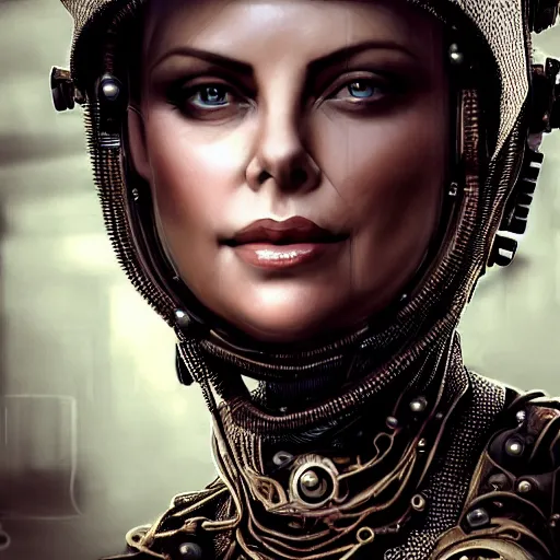 Prompt: beautiful Charlize Theron, perfect face and boy, in detailed steampunk dress, smooth, sharp focus, illustration, realistic, cinematic, artstation, cinematic, award winning, original modern artwork, set on H. R. Giger aesthetic, rgb ethereal lighting,8k