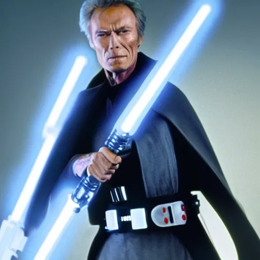 Image similar to clint eastwood holding blue lightsaber in star wars episode 3, 8k resolution, full HD, cinematic lighting, award winning, anatomically correct