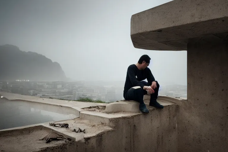 Prompt: Photo of a man sitting on the roof of a car in a sunken city in heavy rain., outdoor lighting, dynamic lighting, volumetric, wide angle, anamorphic lens, go pro, 4k