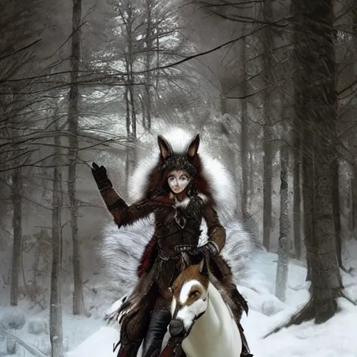 Image similar to a woman wearing wolf head pauldrons and a red wolf's fur warrior outfit, she is astride a great white horse, she has hunted recently, winter scene, hyper realistic, in the style of greg rutkowski, fantasy, amazing detail,