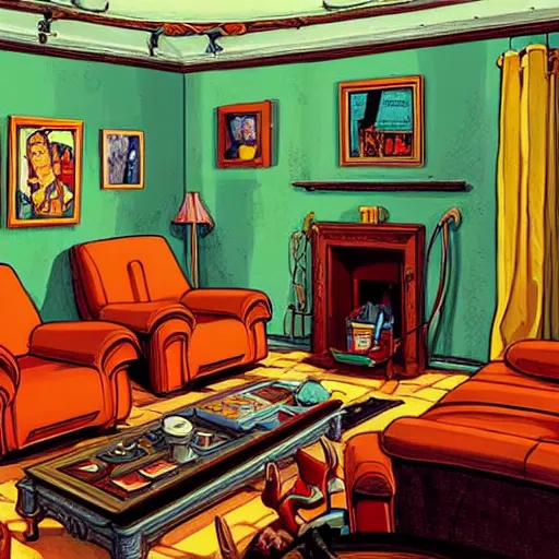 Prompt: the interior of a German living room. The mood is warm and friendly. Futurama style. highly detailed, digital painting, artstation, concept art, sharp focus, illustration, art by Josh kirby and John romita jr and moebius