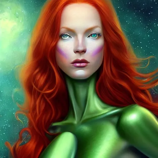 Image similar to Redhead Pleiadian alien human beautiful hybrid feminine woman, long gorgeous red hair in loose curls, with stunning green eyes, cute round face and a roundish nose, as a retrofuturistic heroine, face and body, gorgeous digital painting, artstation, concept art, smooth, sharp focus, illustration, art by artgerm and donato giancola and Joseph Christian Leyendecker, Ross Tran, WLOP