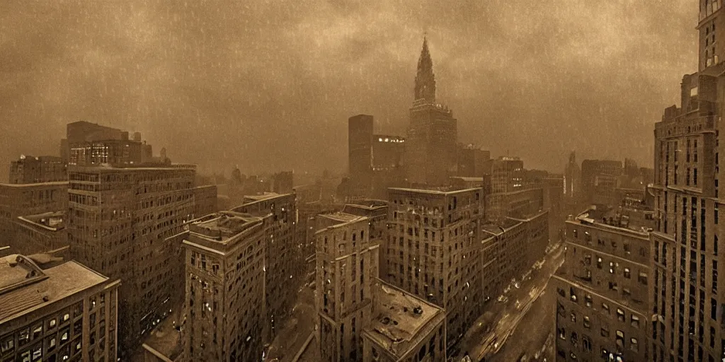 Image similar to a realistic rooftop sepia - toned painting of 1 9 2 0 s downtown boston at night in the rain, dark, brooding, atmospheric, lovecraft