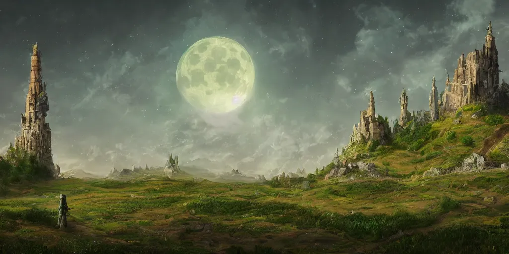 Image similar to The great intricate marble wizards tower, painted landscape, green fields in the background, moody lighting, moon in the night sky, sharp image, 4k, artstation, colorful digital art