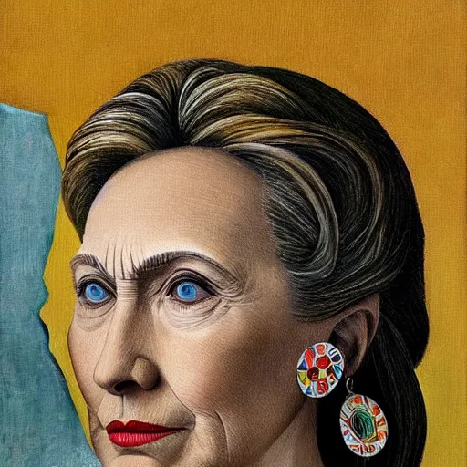 Prompt: beautiful surreal detailed portrait of hillary clinton wearing white earrings, painted by max ernst
