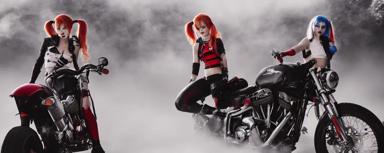 Image similar to real-life Harley Quinn riding a motorcycle holding a baseball bat, cinematic, Low angle, atmospheric fog and lighting