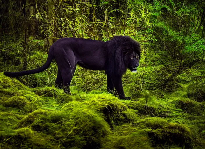 Prompt: professional wildlife photograph of a black lion standing in a dark jungle at night, surrounded by dense trees, moss, ferns, volumetric lighting, apex predator, natgeo