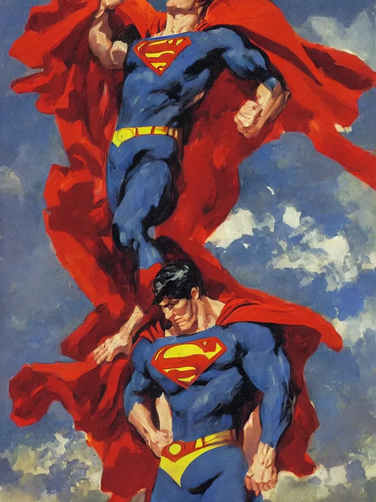 Prompt: a heroic portrait of Superman as illustrated by Gregory Manchess. 1992. Oil on panel. Museum Quality Scan.