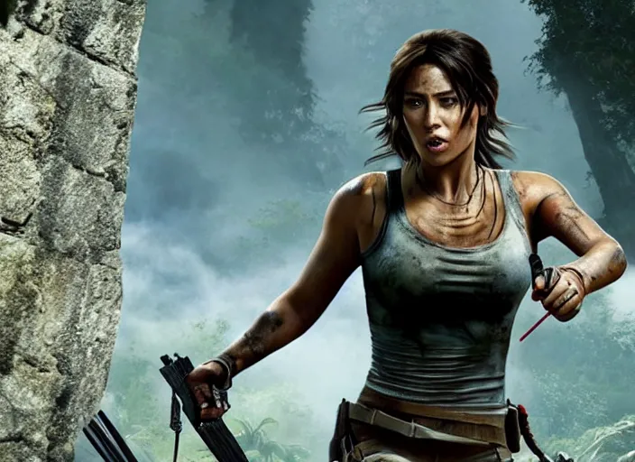 Image similar to film still of!!!! chloe bennett!!! as lara croft in new tomb raider movie, 8 k