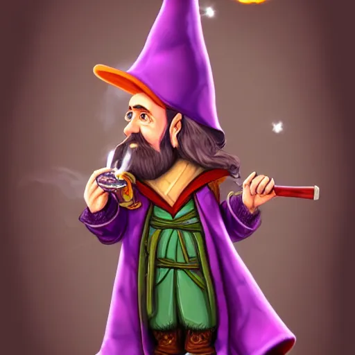 Prompt: gnome archmage wearing purple robes, a floppy wizard hat, and smoking a pipe artstation